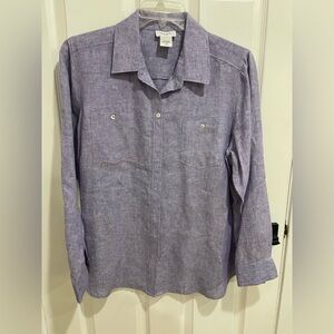 Kate Hill 1X 100% Linen long sleeve purple blue roll tab button shirt